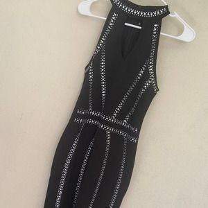 Black bodycon zip dress large gem appliques all over, looks new!